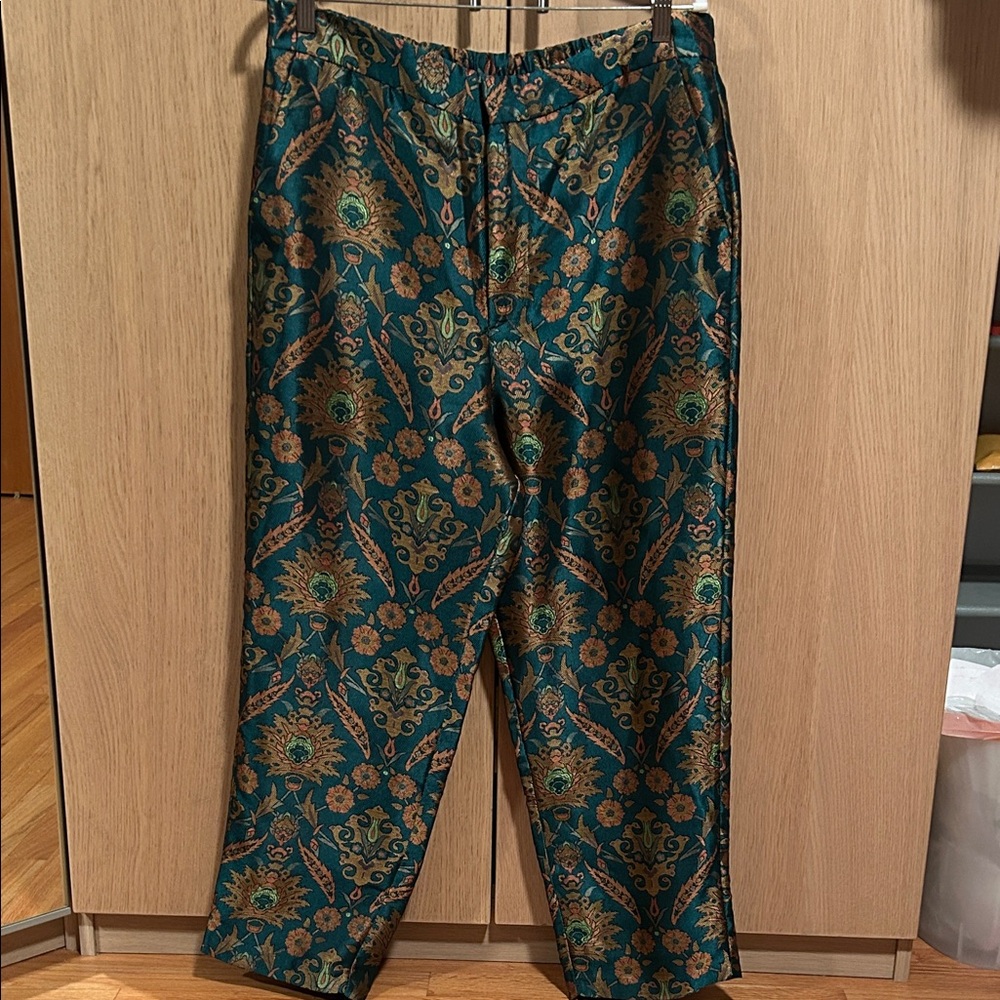 Anthropologie Teal and Gold Brocade Cropped Pants